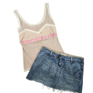 Tan Pointelle Mesh Camisole Pink Satin Ribbon Lace Trim Button Back Tank Top M